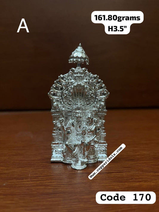 silver casted idol of lord Lakshmi Narasimha with attached peetam karnataka style