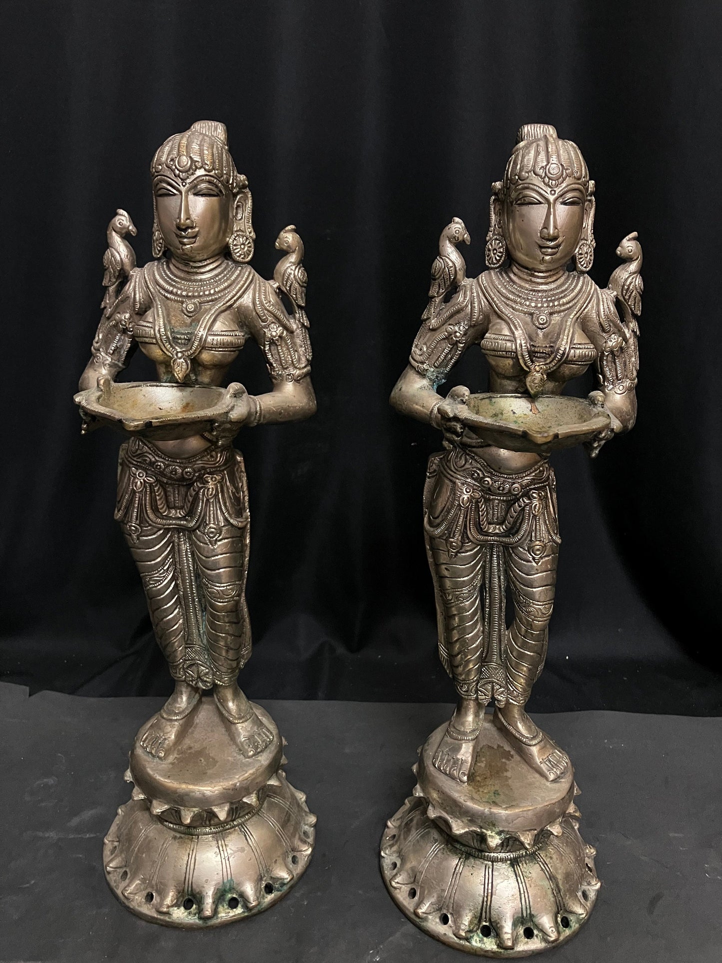 vintage bronze casted lady lamps / deepada mallis / deepa dharinis