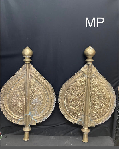 vintage brass cast ornated embossed heavy guage Chamaras to accompany god or flank the mantapam on either sides