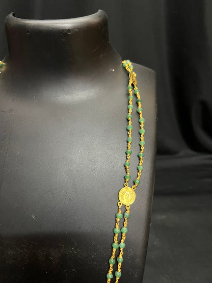 Silver made gold polished Emerald double layer kasu coin mala