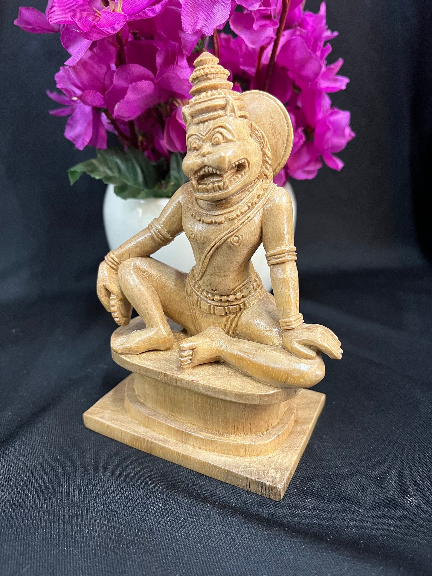 Wood made Unique Yoga Narasimha from Karnataka with prayoga chakra white teak made