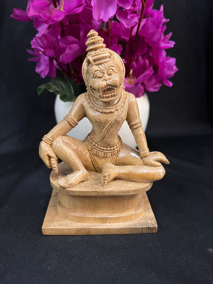 Wood made Unique Yoga Narasimha from Karnataka with prayoga chakra white teak made