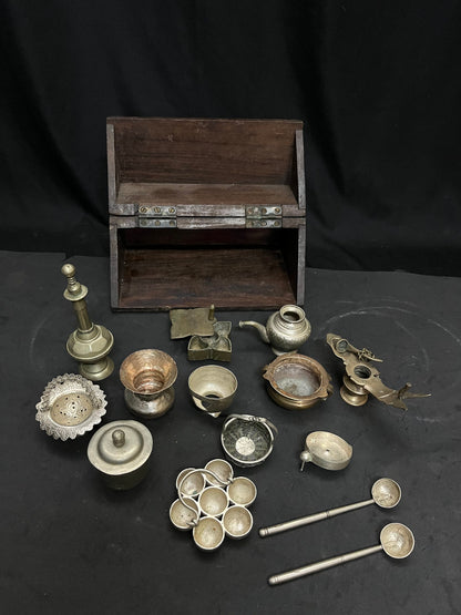 vintage white brass miniature set of golu items , a rare collection in a wooden box