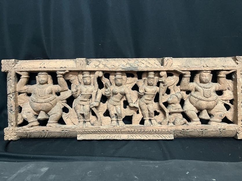 Vintage wooden carved Rama sita lakshmana hanuman panel