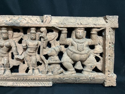 Vintage wooden carved Rama sita lakshmana hanuman panel