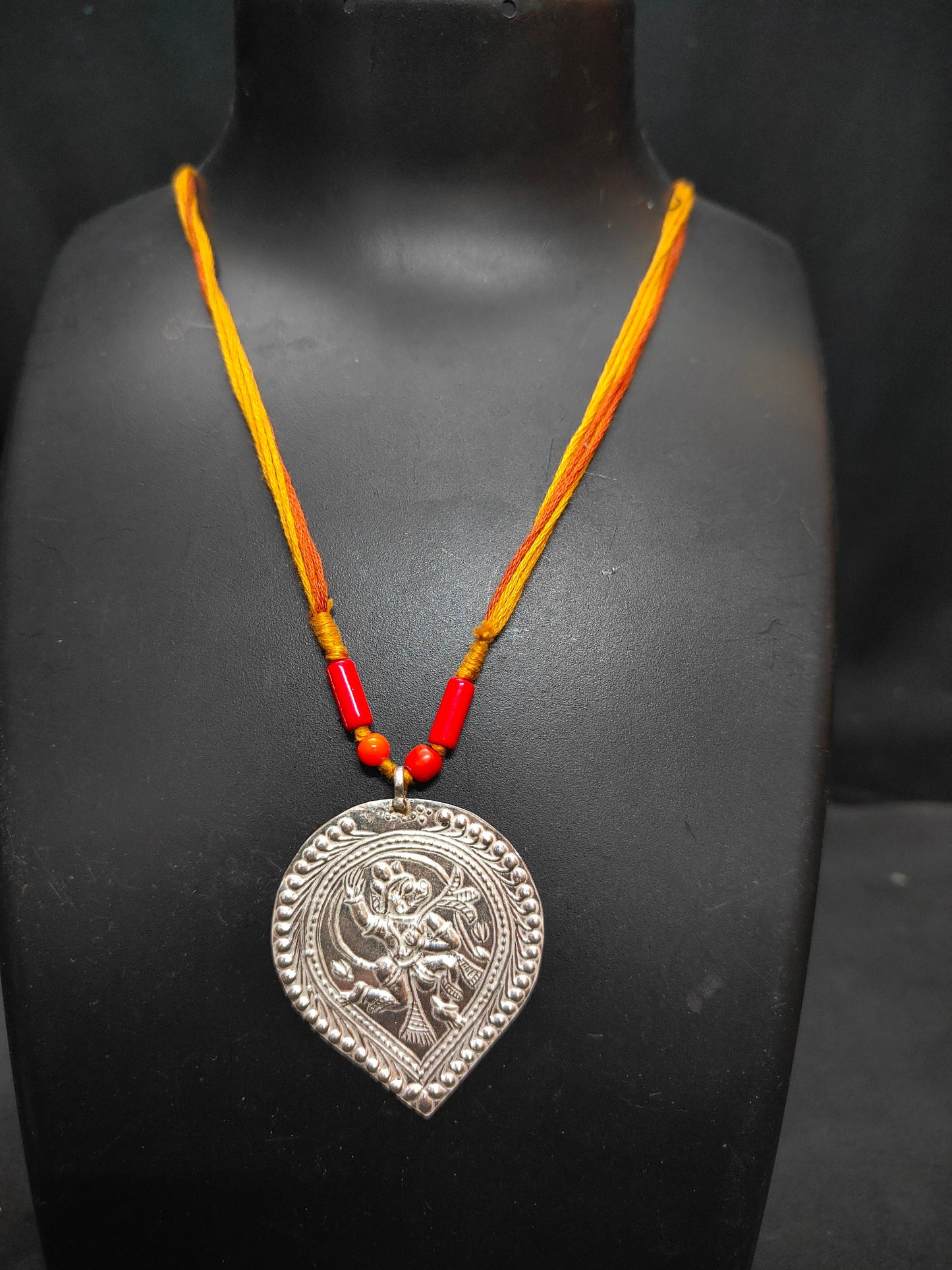 Silver made Hanuman folk art tribal pendant with a beaded chain