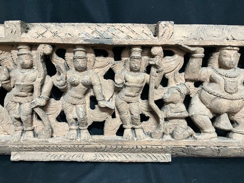 Vintage wooden carved Rama sita lakshmana hanuman panel