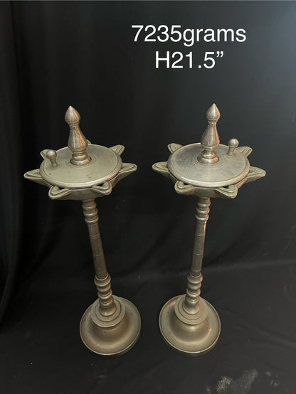 Vintage bronze cast pilla lamps from deccan with lid on the top