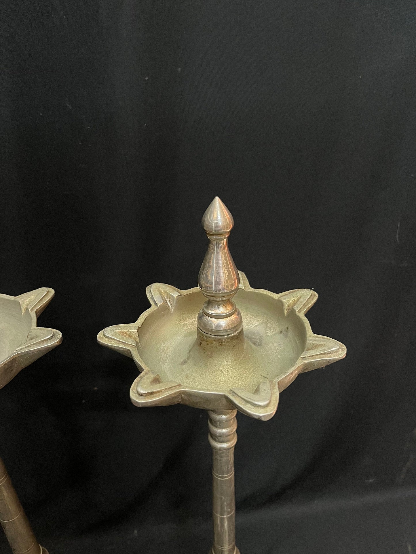 Vintage bronze cast pilla lamps from deccan with lid on the top