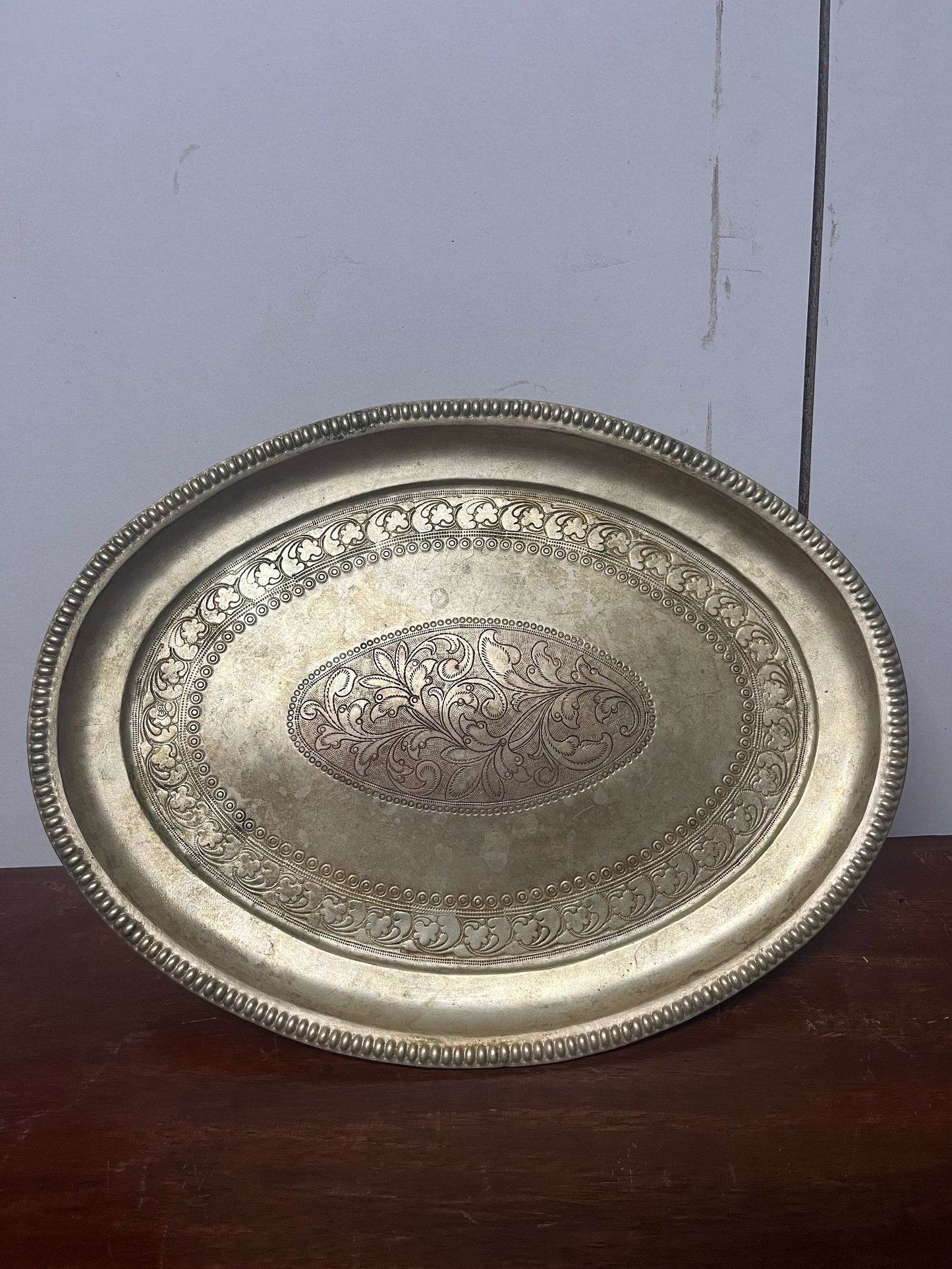 Vintage white brass made ornate designed oval tray, royal one from south india with fine engravings