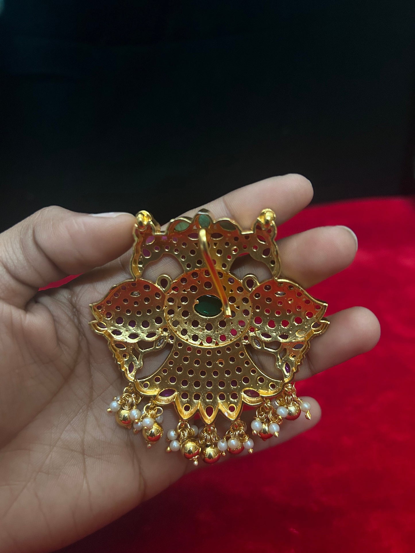 Panchaloha made Gold plated Kundan gen stone studded Gandaberunda pendant