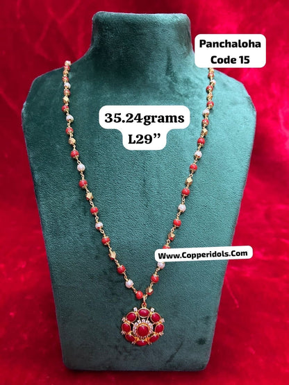 panchaloha gold plated coral and pearl along with coral pendent chain / mala for pooja decoration