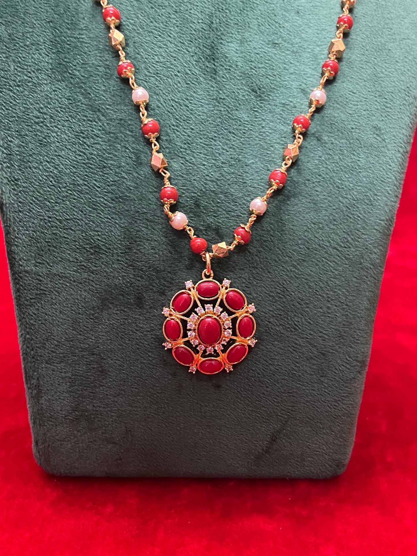 panchaloha gold plated coral and pearl along with coral pendent chain / mala for pooja decoration