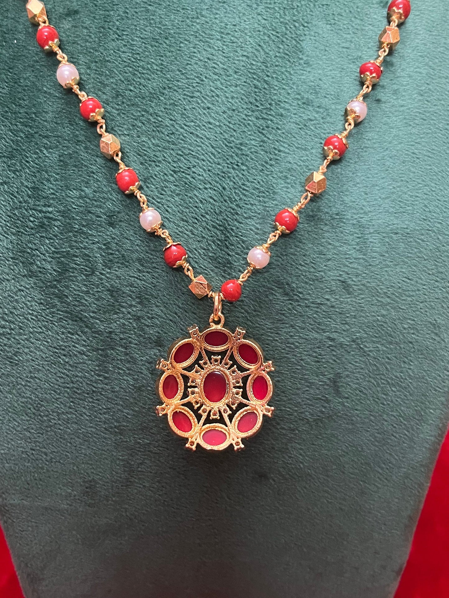 panchaloha gold plated coral and pearl along with coral pendent chain / mala for pooja decoration