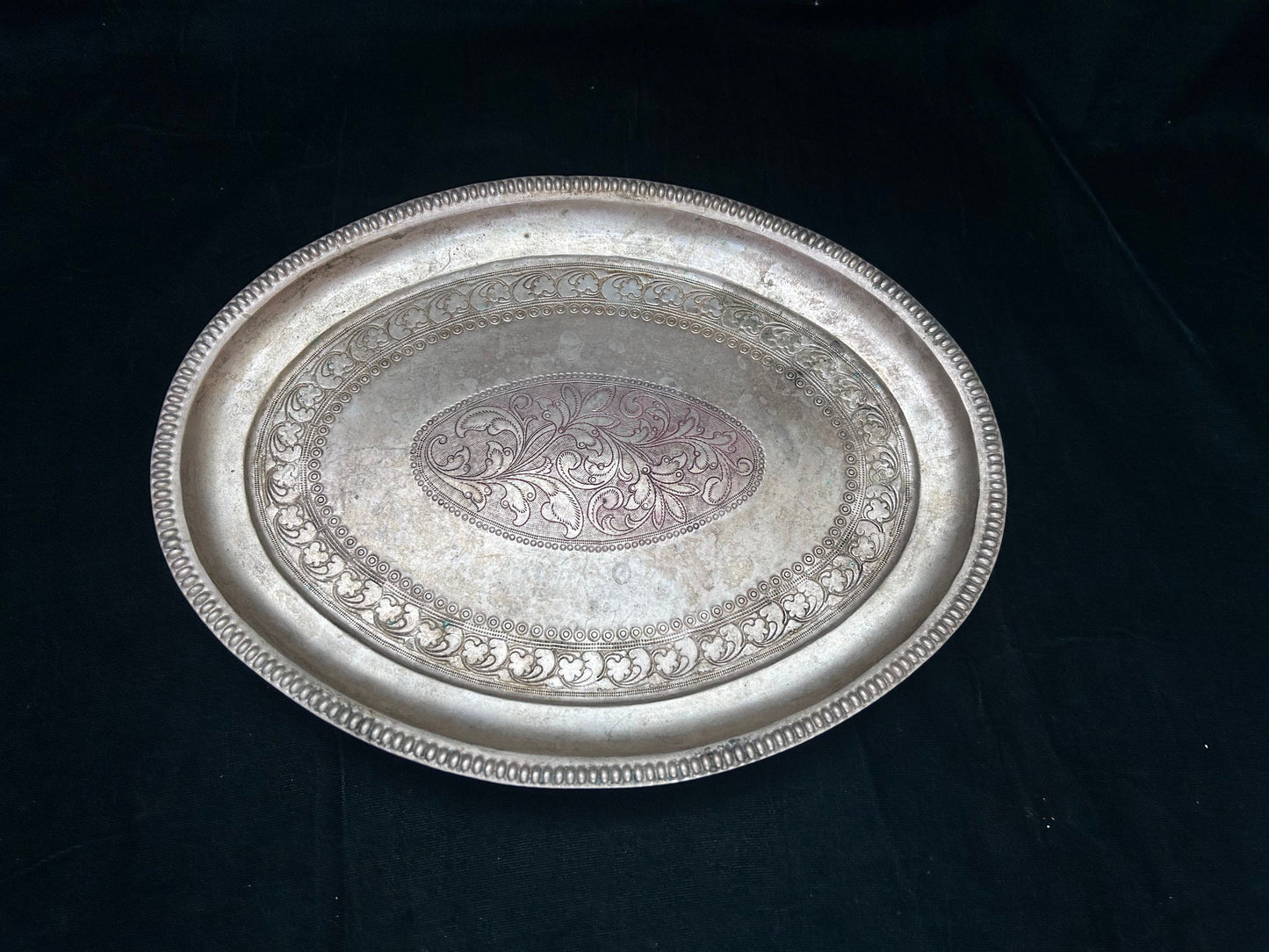 Vintage white brass made ornate designed oval tray, royal one from south india with fine engravings