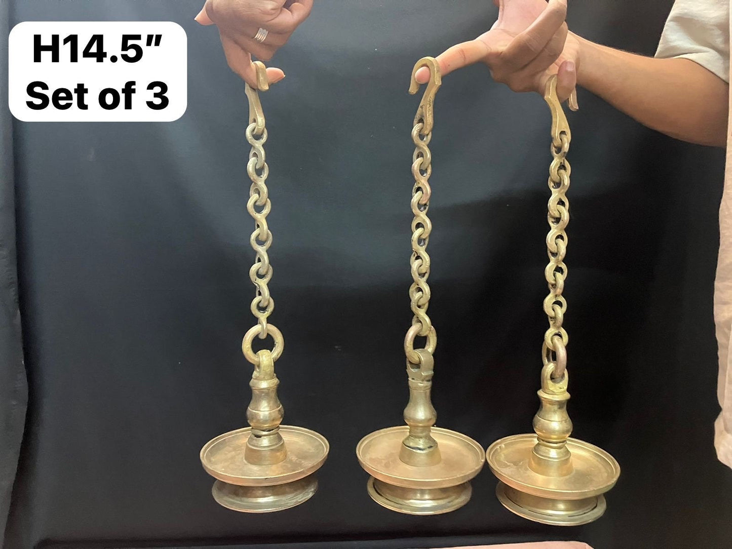 Vintage bronze made kerala style hanging lamps/ hanging dias/ thookuvillaku (set of 3)