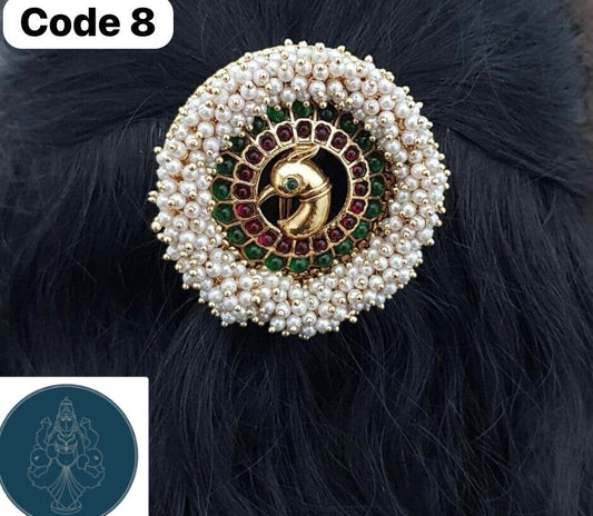 Panchaloha made gold polished pearl studded peacock face jade billa/ Muthyala pusulu/ Guttu pusulu