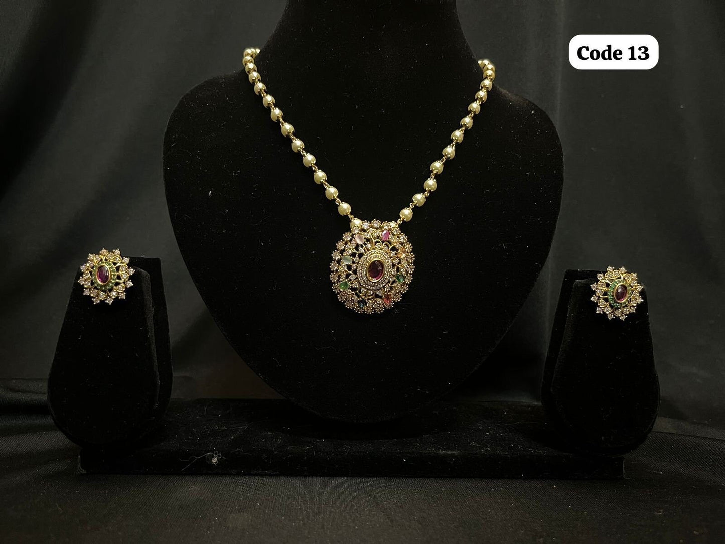 Panchaloha made gold polished multi colour stones pendant with pearl mala and earings