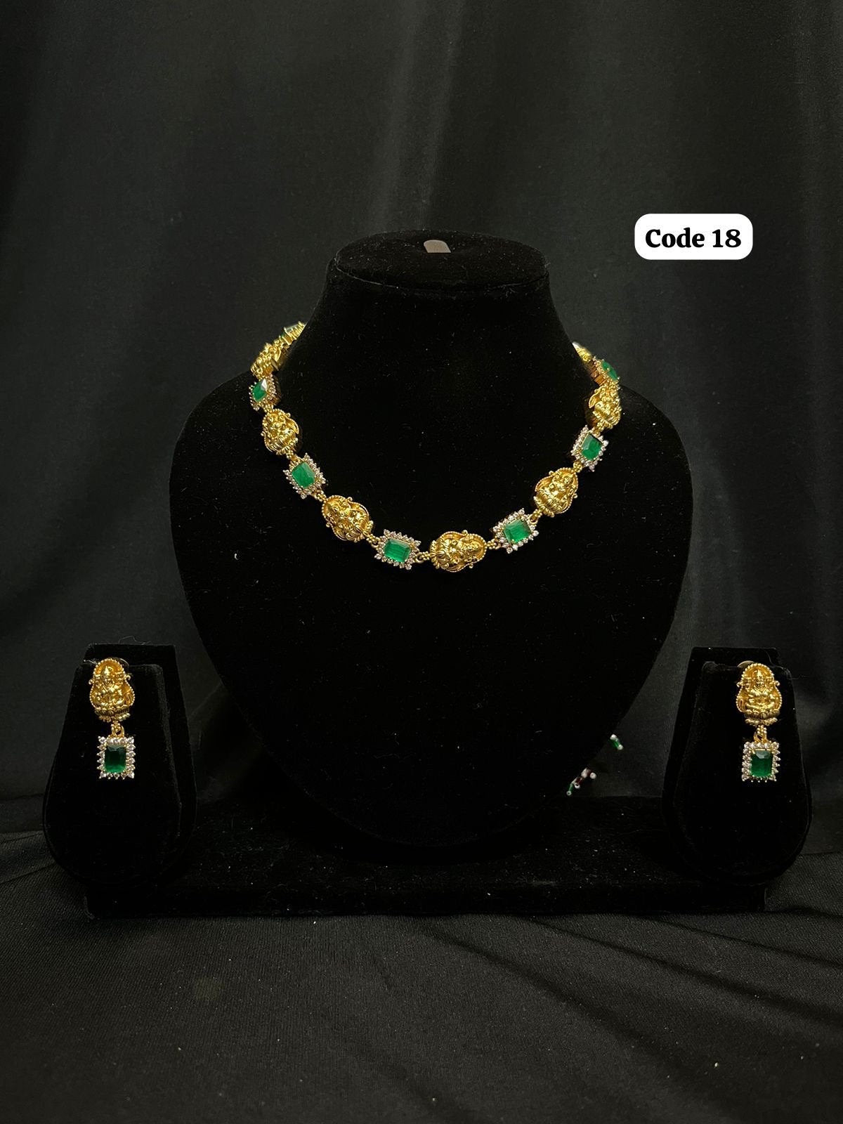 Panchaloha made gold polished ashtalakshmi green stone necklace with earrings