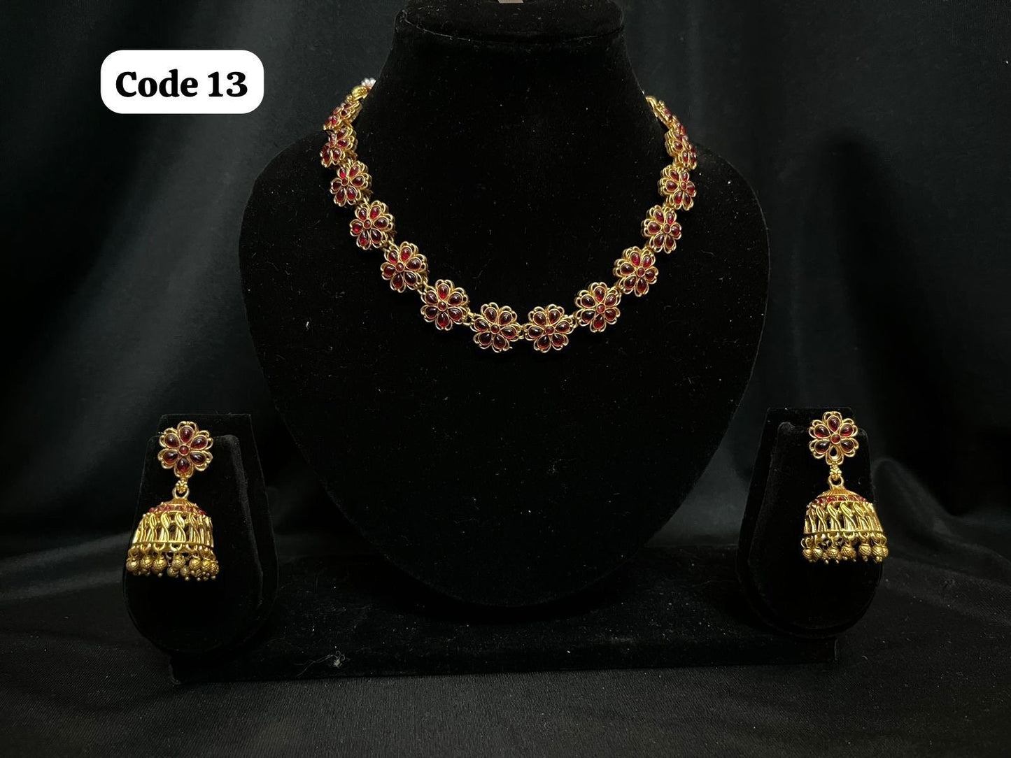 Panchaloha made gold polished traditional red stone necklace with jhumkas