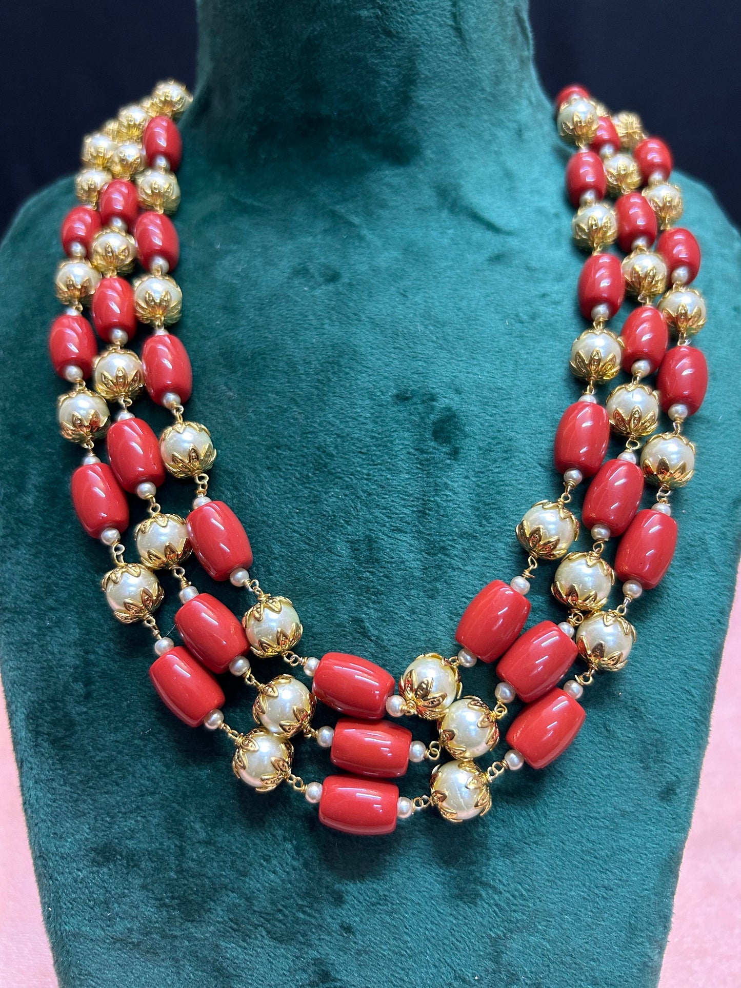 Panchaloha made gold polished grand jewellery set coral acrylic pearl mala