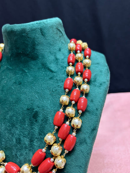 Panchaloha made gold polished grand jewellery set coral acrylic pearl mala