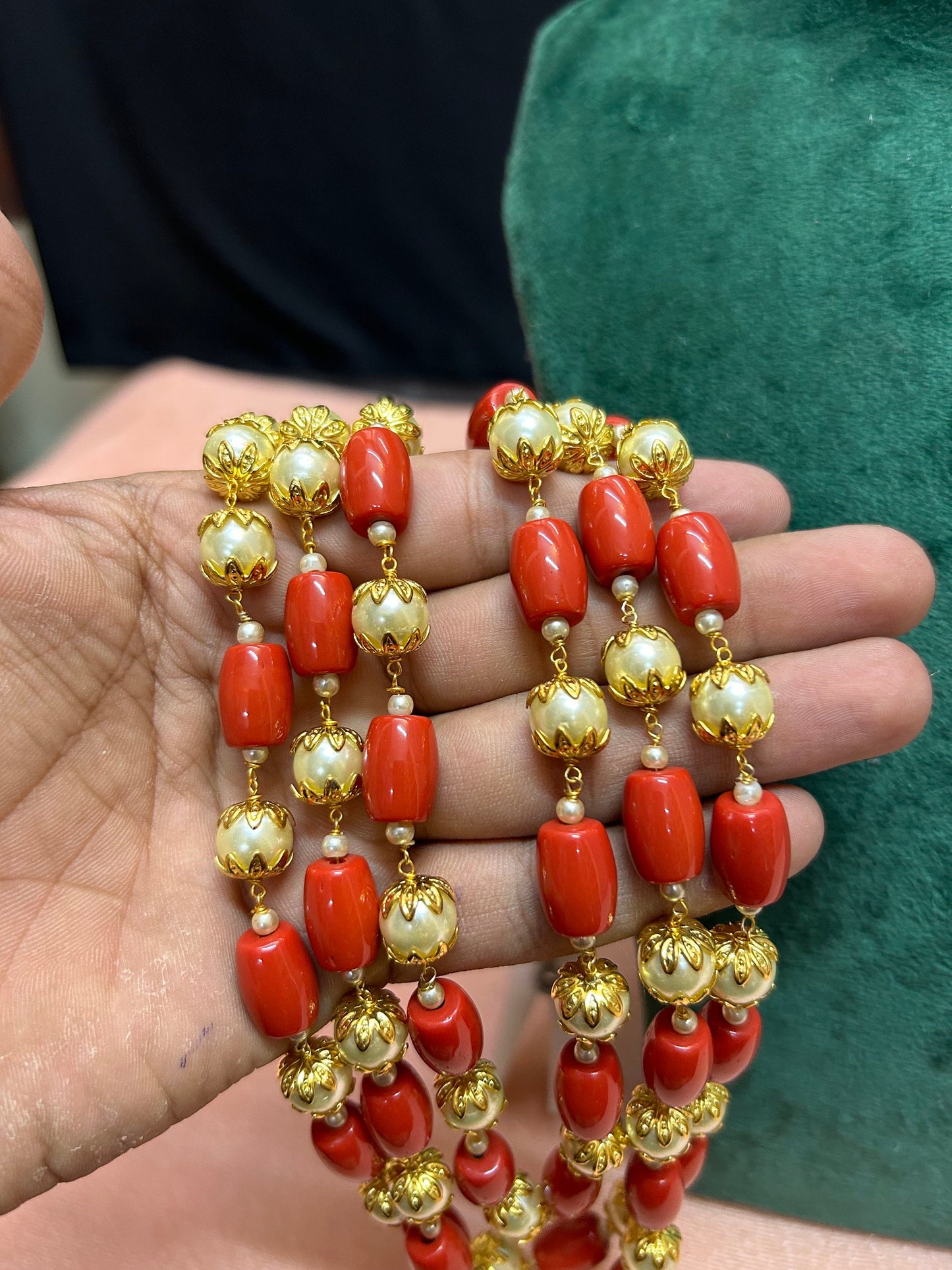 Panchaloha made gold polished grand jewellery set coral acrylic pearl mala