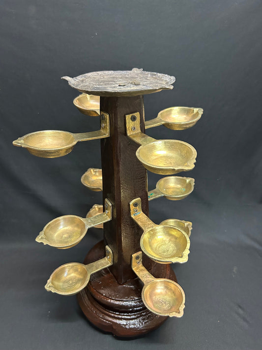 Vintage wooden fitted bronze casted lamp tree for decor pooja