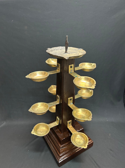 vintage Wooden stand bronze cast lamp stand for decor pooja room