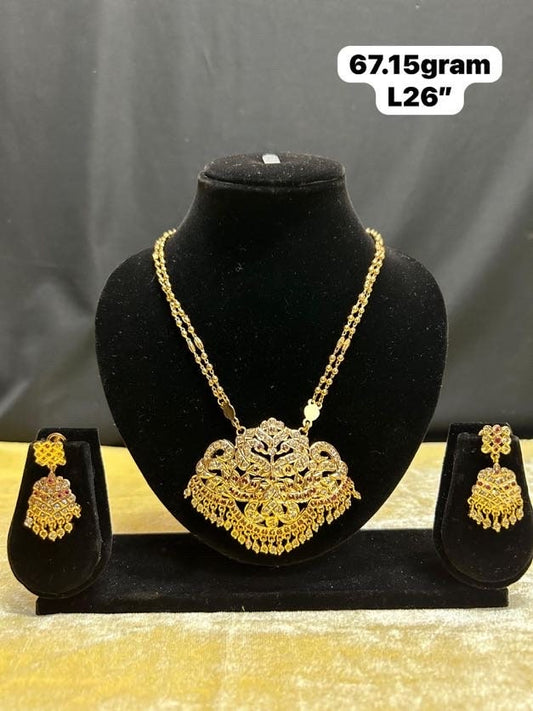 Panchaloha made gold polished grand pakshi stone studded necklace iwth pendant and earrings