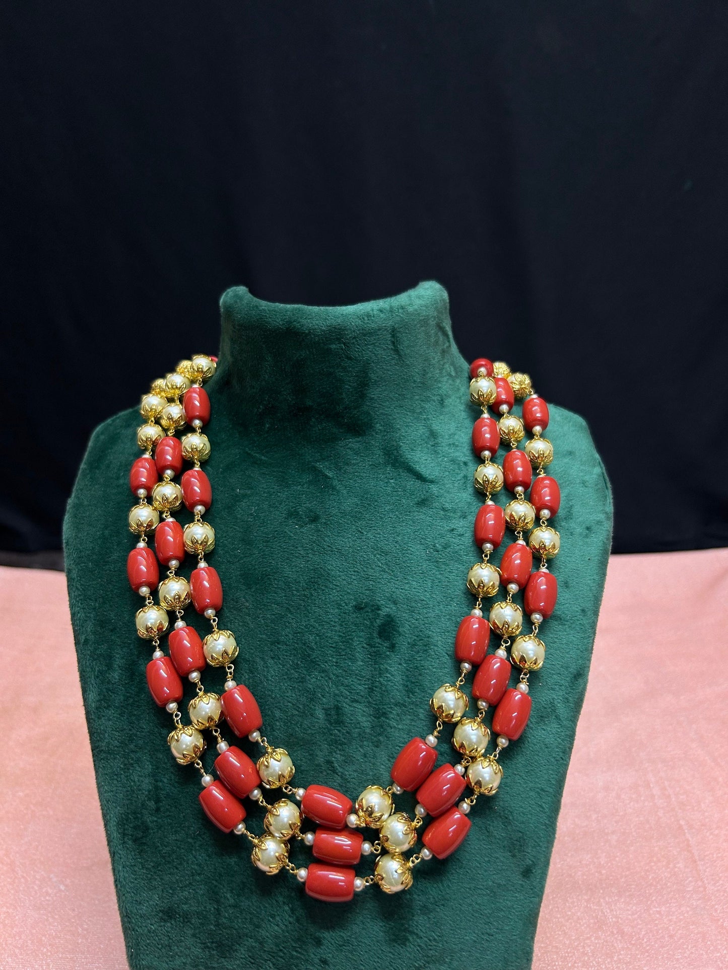 Panchaloha made gold polished grand jewellery set coral acrylic pearl mala