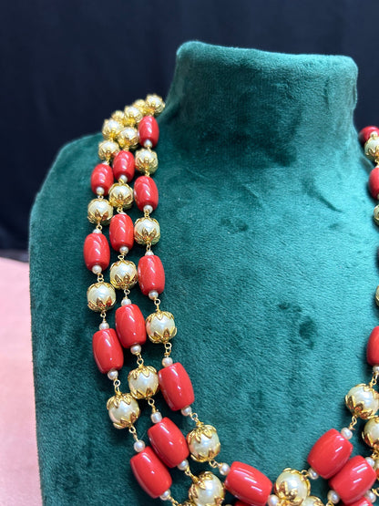 Panchaloha made gold polished grand jewellery set coral acrylic pearl mala