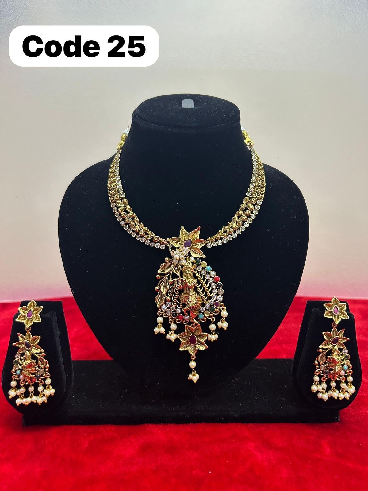 Panchaloha made gold polished necklace choker with krishna pendant