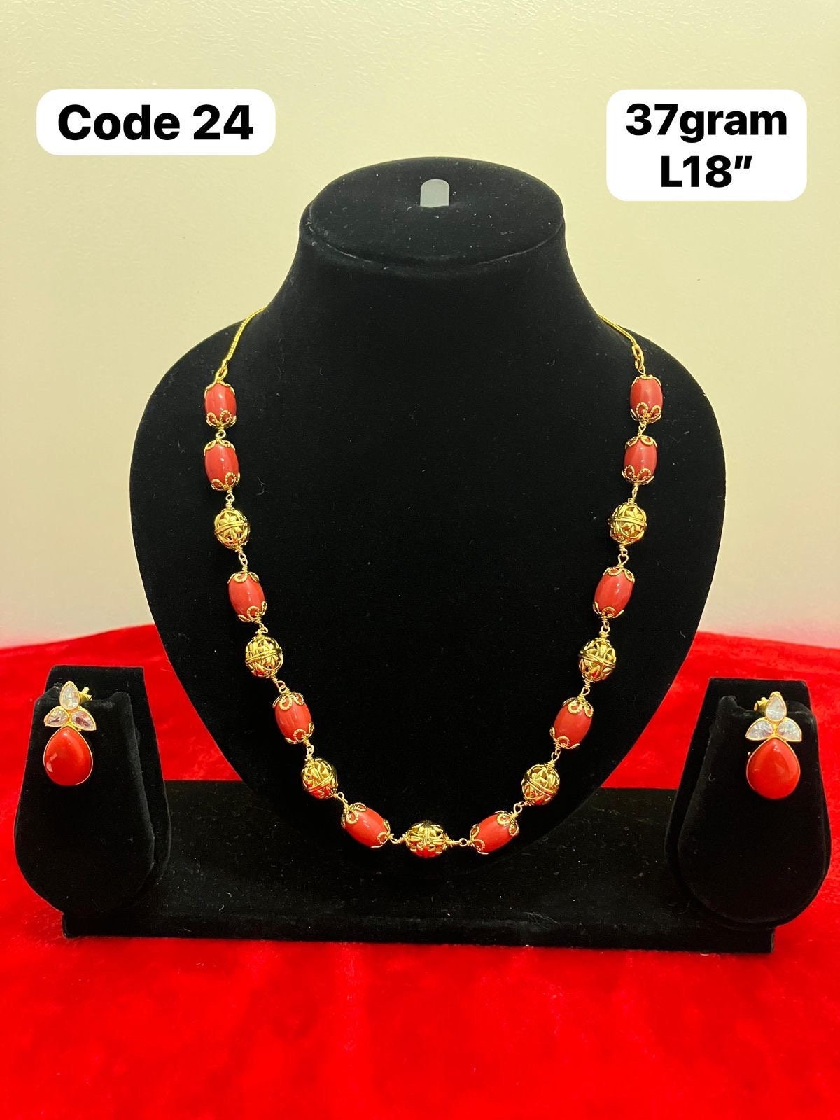 Panchaloha made gold polished coral gund mala with earrings