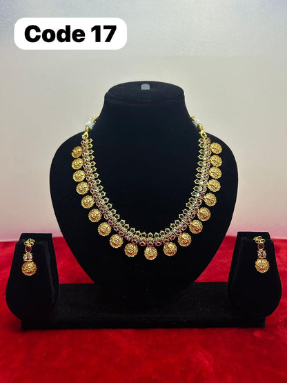 Panchaloha made gold polished grand lakshmi kasu mala choker with earrings