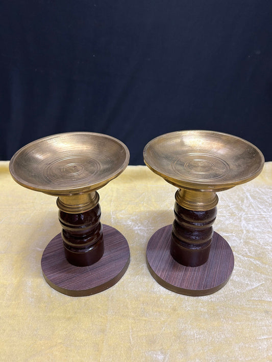 Panchaloha made bowl lamps with wooden pedestal