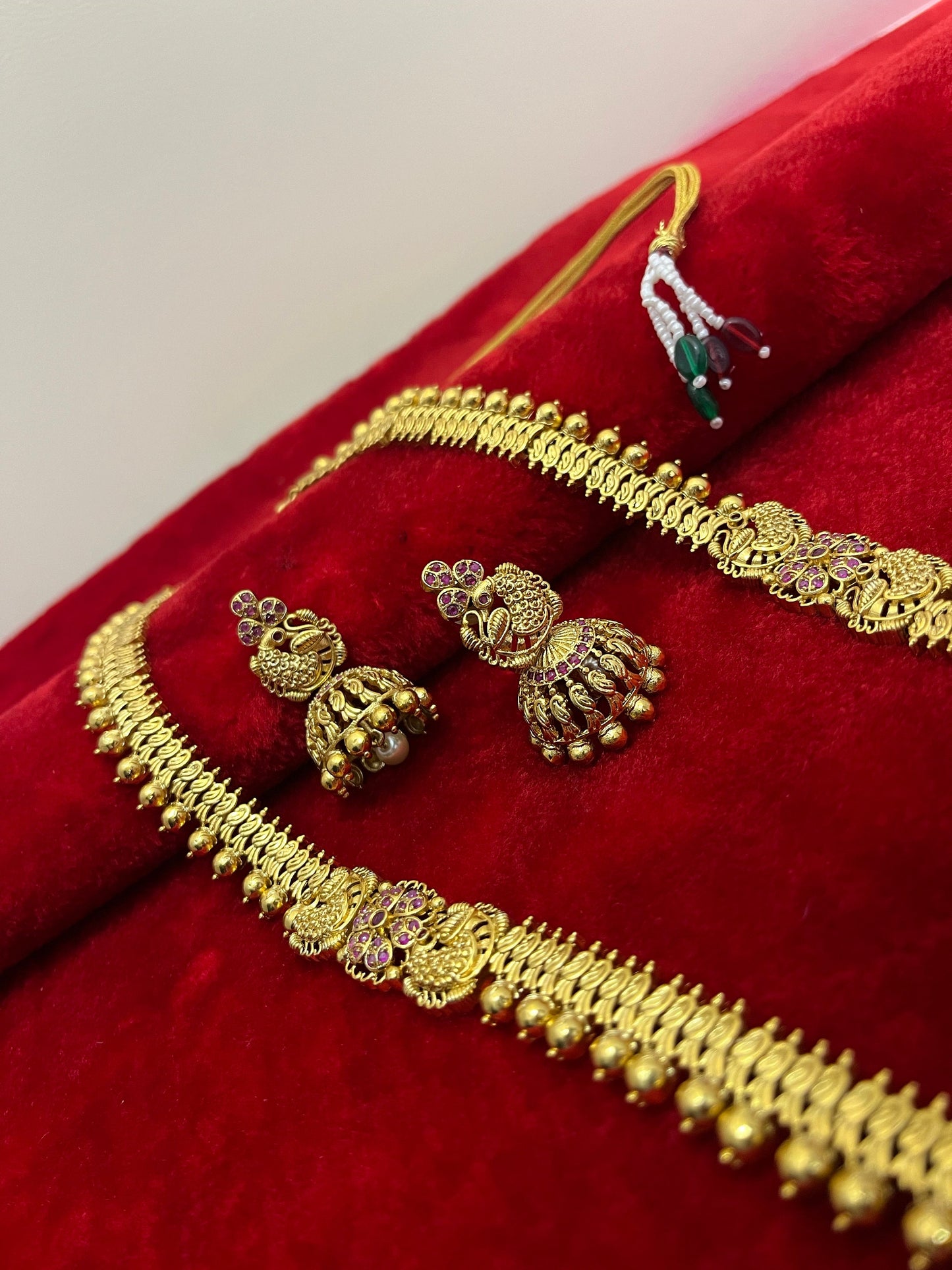 Panchaloha made gold polished elegant long mala haram with double moppu bird with earrings