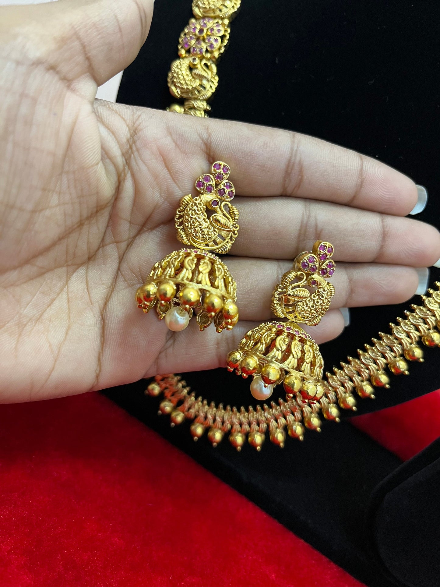 Panchaloha made gold polished elegant long mala haram with double moppu bird with earrings