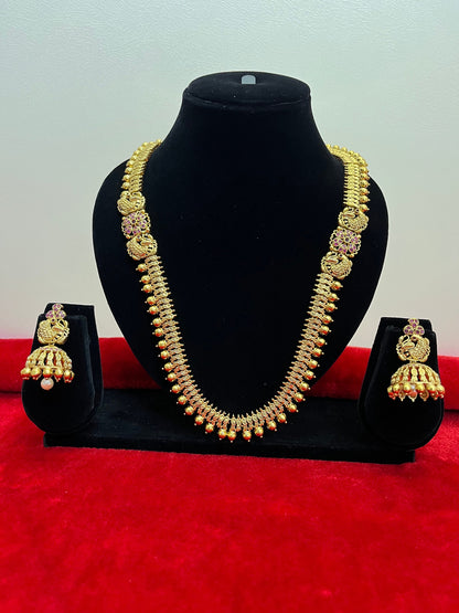 Panchaloha made gold polished elegant long mala haram with double moppu bird with earrings