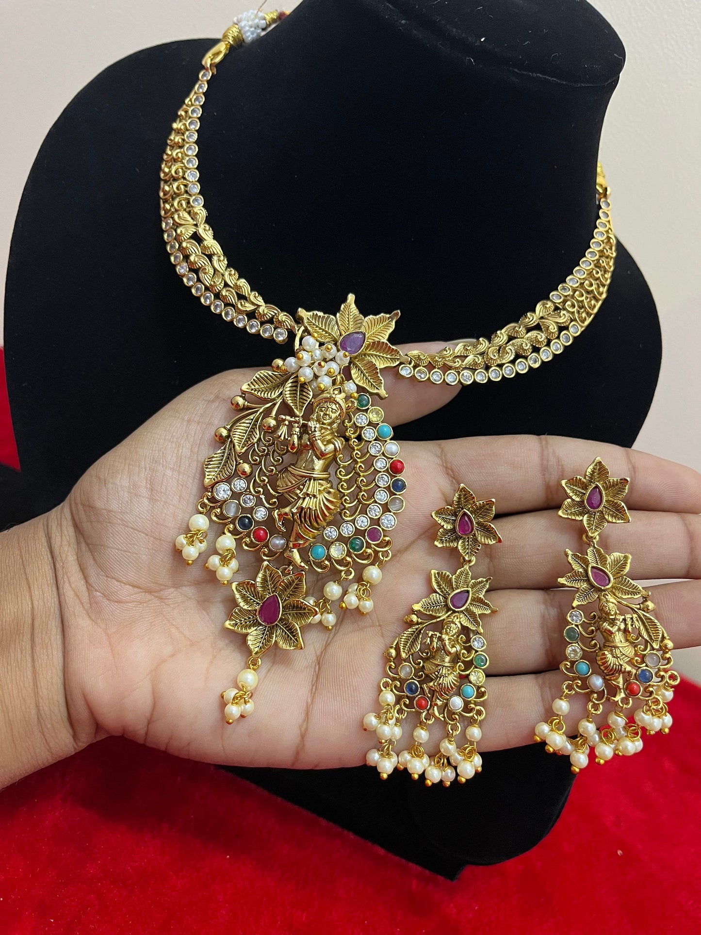 Panchaloha made gold polished necklace choker with krishna pendant