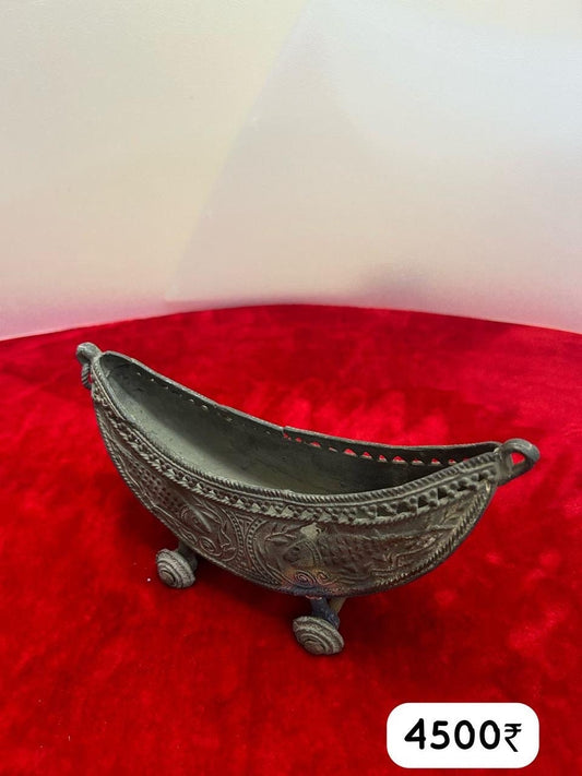 Vintage bronze made Vibhuti holy ash jar in boat shape