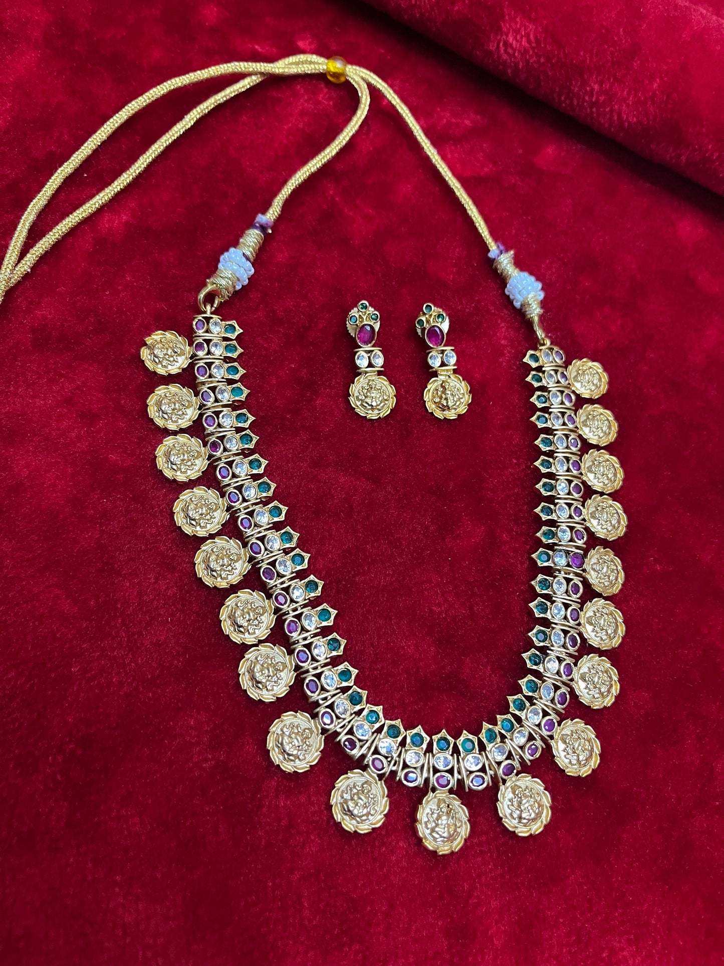 Panchaloha made gold polished grand lakshmi kasu mala choker with earrings