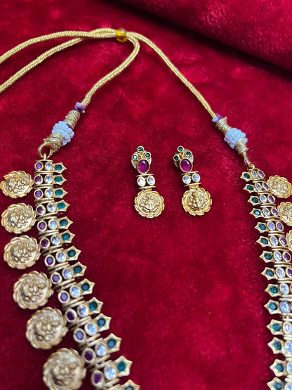 Panchaloha made gold polished grand lakshmi kasu mala choker with earrings