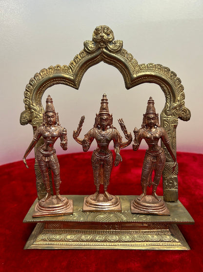 Prasiddh copper idols present copper idol of subramanya with valli devasena with brass peeta prabhavali