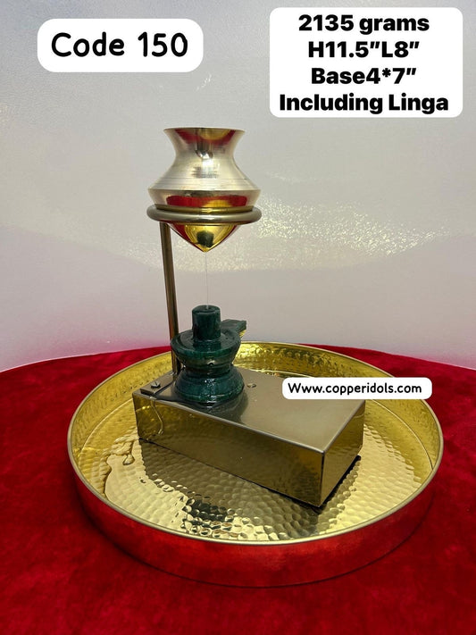 Prasiddh Copper Idols brass abhisheka jaladari stand with plate and green aventurine shiva linga