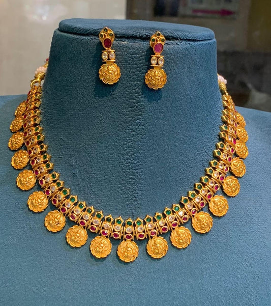 Panchaloha made gold polished grand lakshmi kasu mala choker with earrings