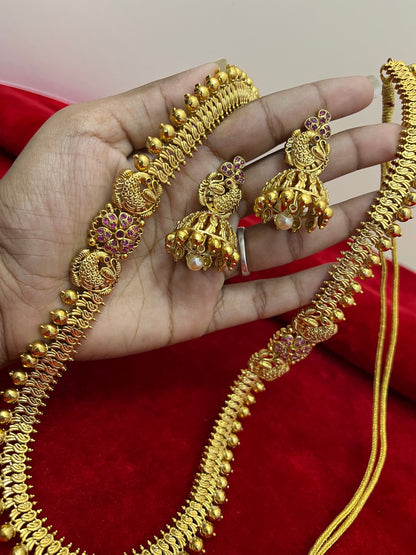 Panchaloha made gold polished elegant long mala haram with double moppu bird with earrings