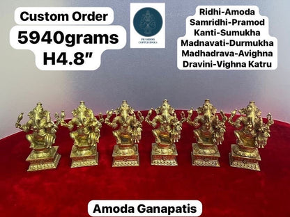 Prasiddh Copper Idols presents panchaloha idol of Shat vinayakas ganeshas ( Amodha Ganapathi , Pramoda, Sumukha, Durmukha, Avighna ,Vighna