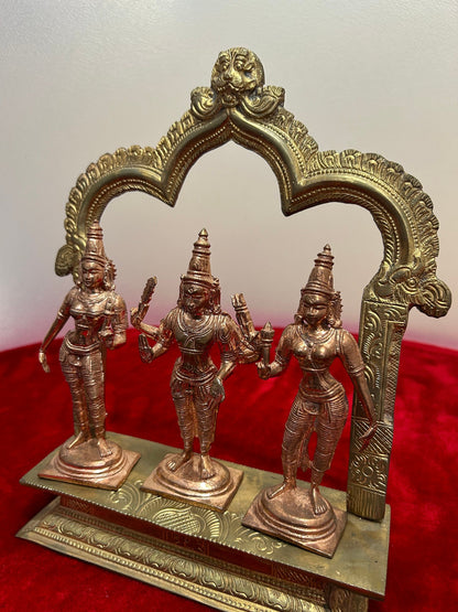 Prasiddh copper idols present copper idol of subramanya with valli devasena with brass peeta prabhavali