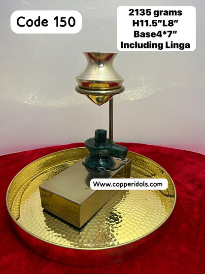 Prasiddh Copper Idols brass abhisheka jaladari stand with plate and green aventurine shiva linga